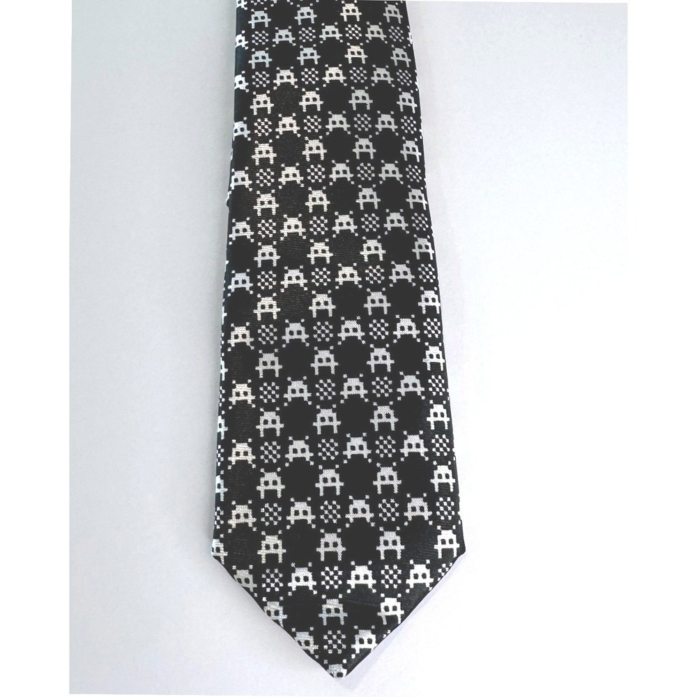 Black Tie Geek Space Invaders Retro 8-Bit Gaming Necktie Black White Arcade Tie